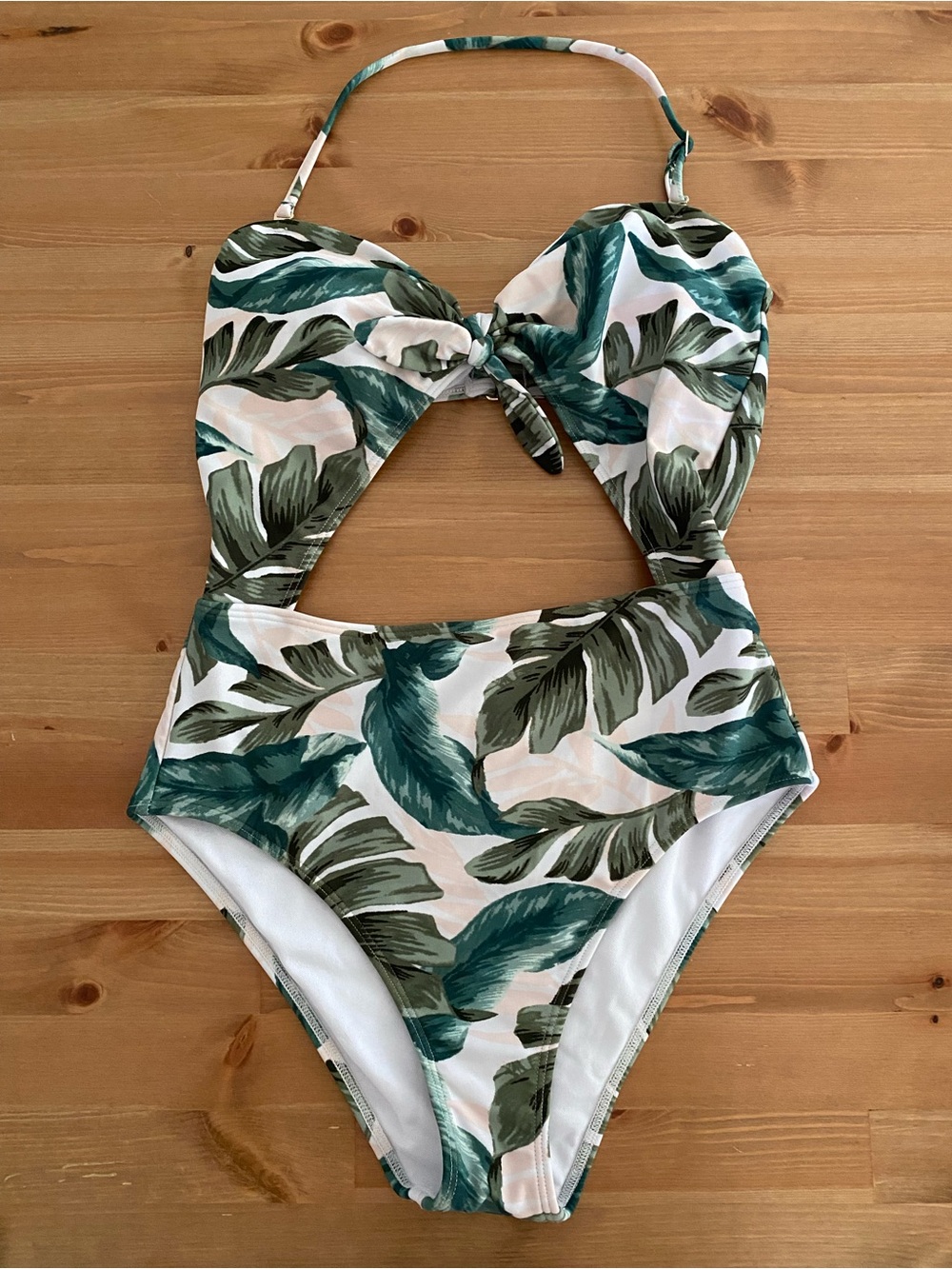 Hollister Swim Knotted Cutout Green & White Palm Leaf One Piece Swimsuit Sz S